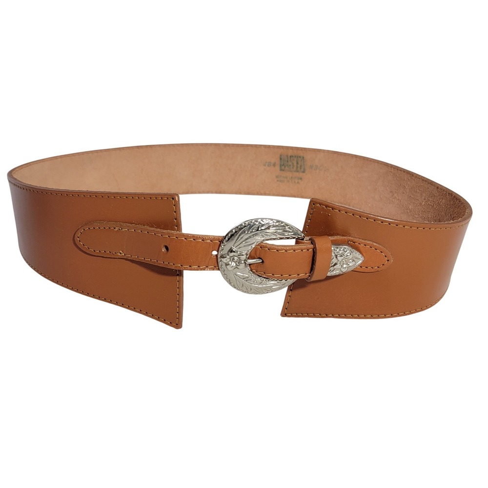 Vtg PASTA 90s Western Wide Waist Corset Belt Camel Tan Leather Silver Buckle N30